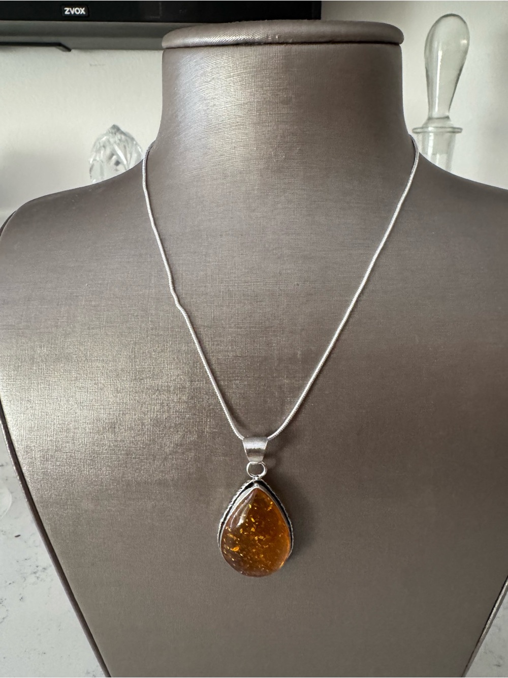 Amber Teardrop Pendant Necklace - Silver Chain